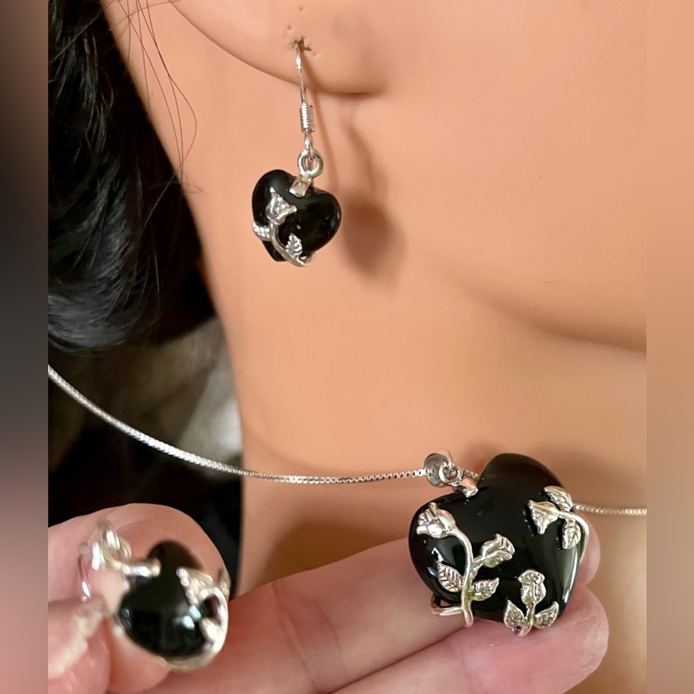 925 (EUC) onyx pierced earrings pendant 20” necklace set signed  vintage jewelry - Picture 10 of 17